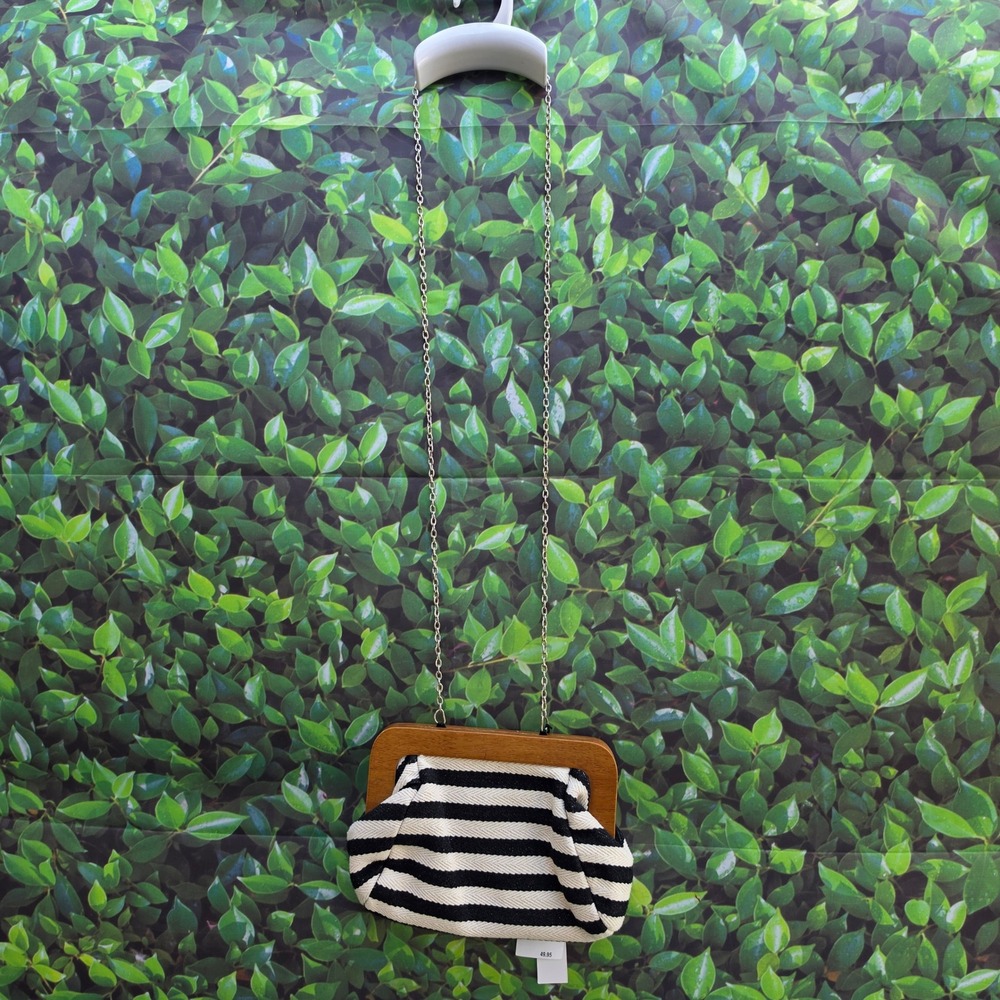 Sole Society Margot Black White Striped Wood Frame Clutch Crossbody Bag NWT
